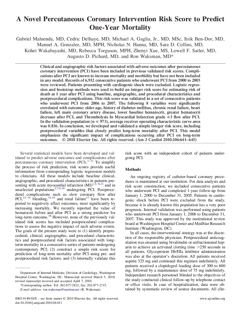 A Novel Percutaneous Coronary Intervention Risk Score to Predict One-Year Mortality