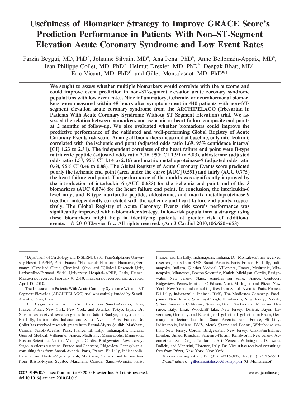 Usefulness of Biomarker Strategy to Improve GRACE Score's Prediction Performance in Patients With Non–ST-Segment Elevation Acute Coronary Syndrome and Low Event Rates 