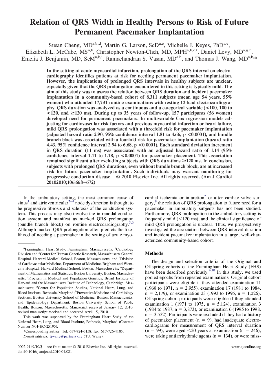 Relation of QRS Width in Healthy Persons to Risk of Future Permanent Pacemaker Implantation