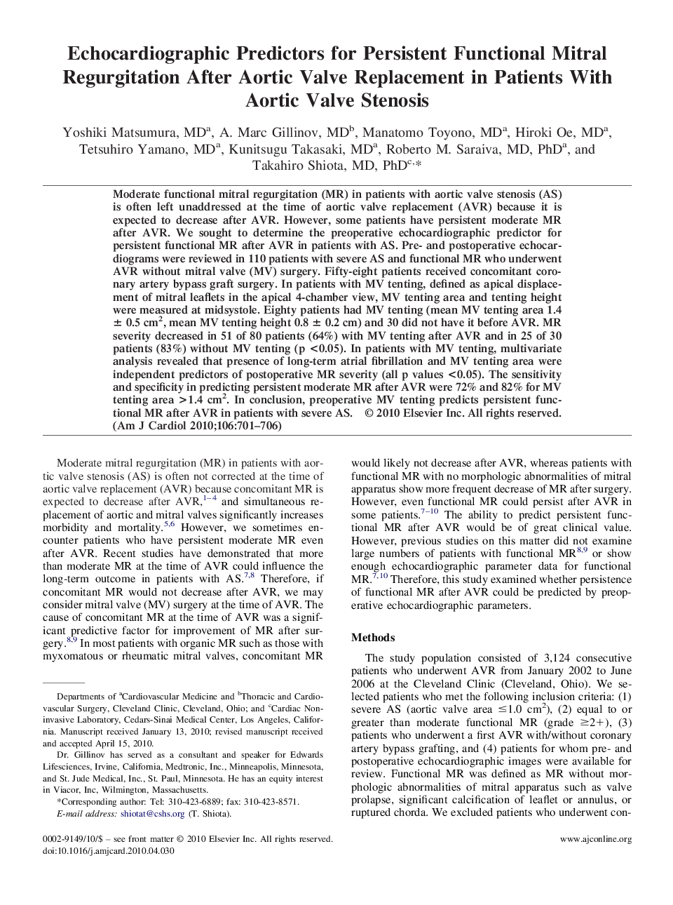 Echocardiographic Predictors for Persistent Functional Mitral Regurgitation After Aortic Valve Replacement in Patients With Aortic Valve Stenosis 