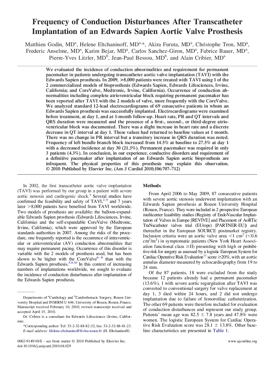 Frequency of Conduction Disturbances After Transcatheter Implantation of an Edwards Sapien Aortic Valve Prosthesis 