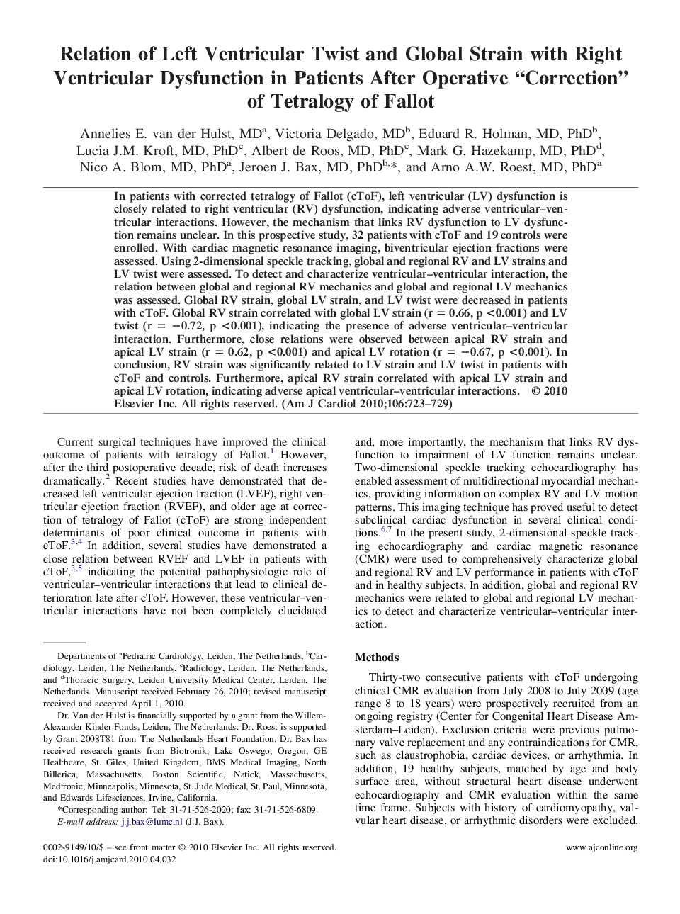 Relation of Left Ventricular Twist and Global Strain with Right Ventricular Dysfunction in Patients After Operative “Correction” of Tetralogy of Fallot 