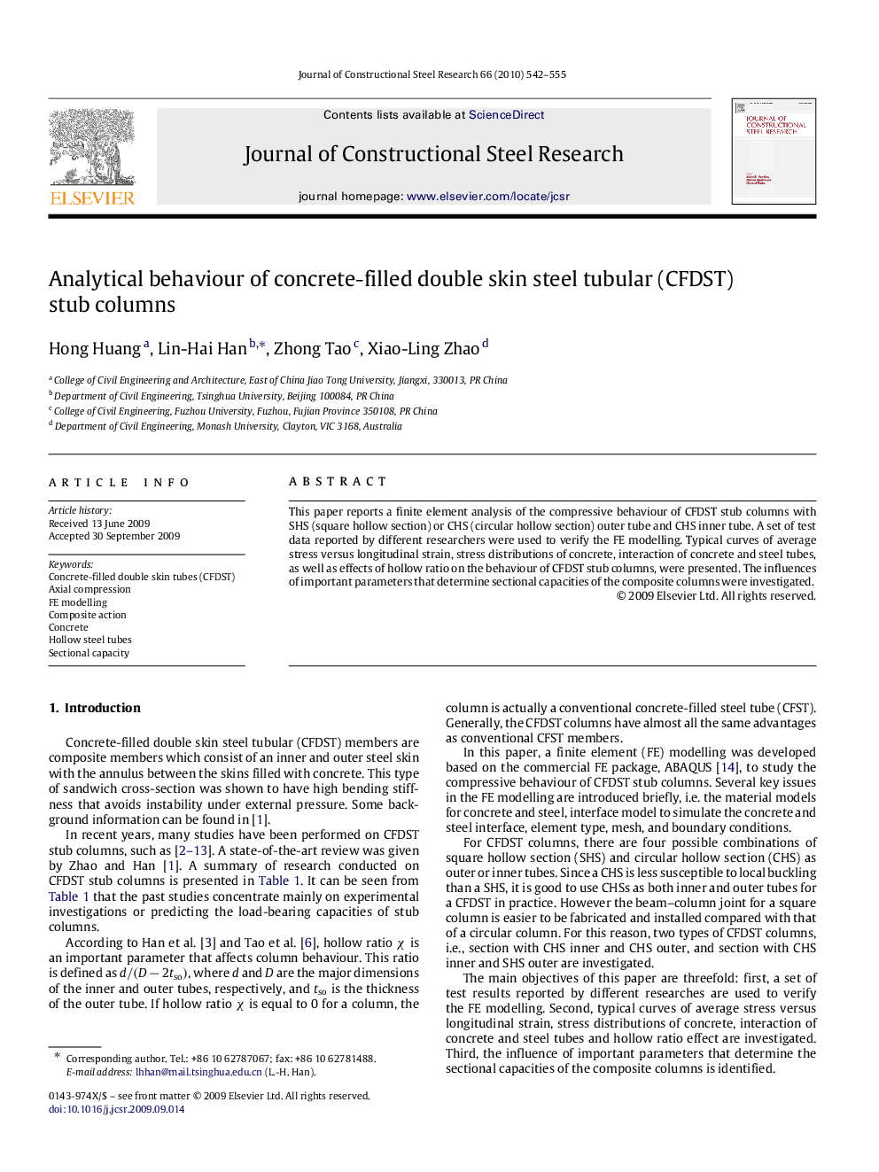 Analytical behaviour of concrete-filled double skin steel tubular (CFDST) stub columns