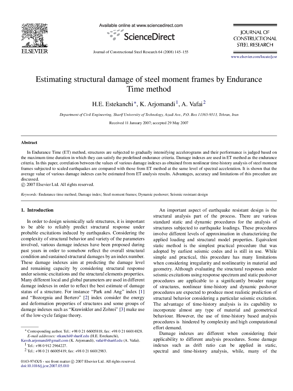 Estimating structural damage of steel moment frames by Endurance Time method