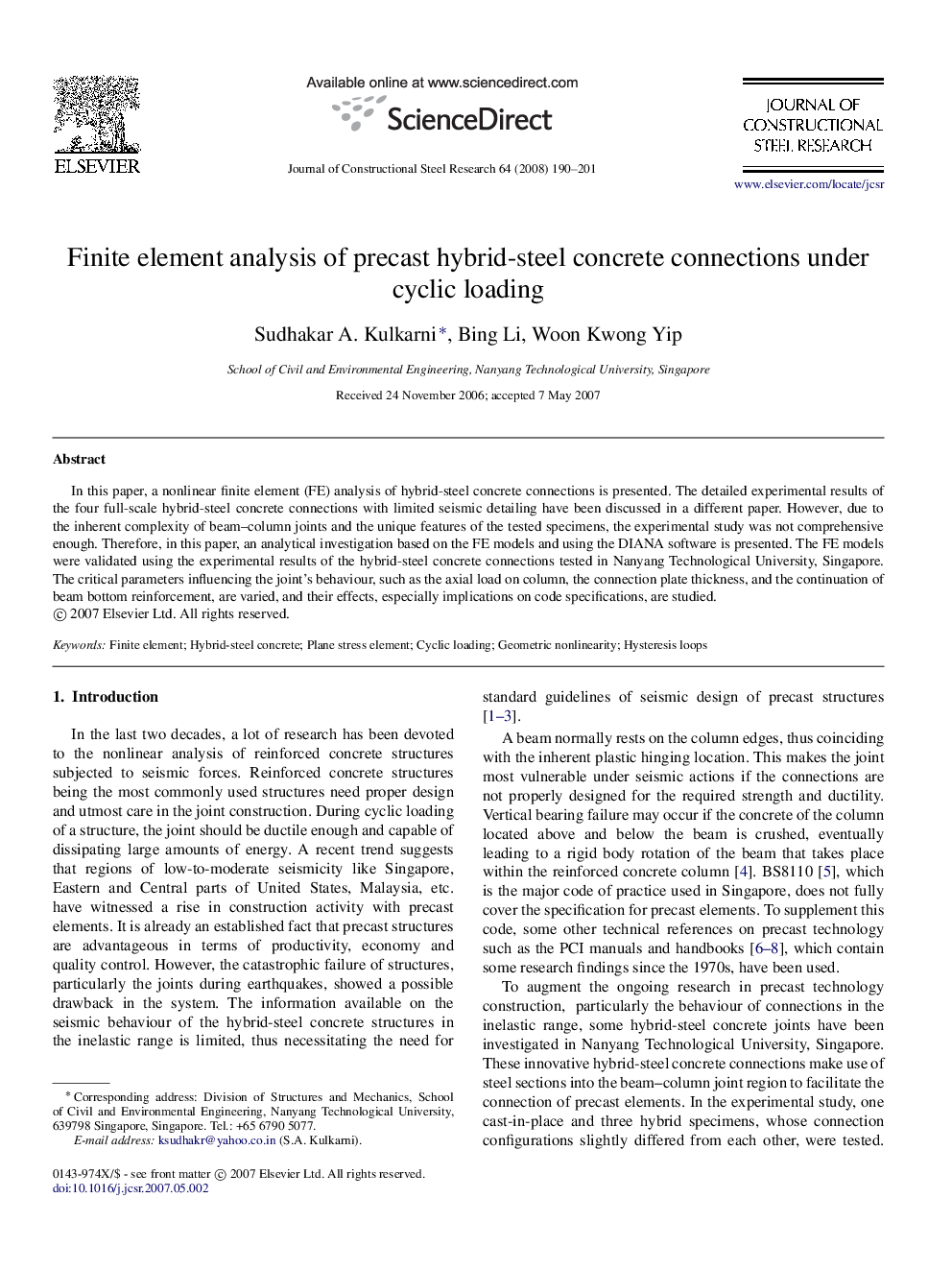 Finite element analysis of precast hybrid-steel concrete connections under cyclic loading