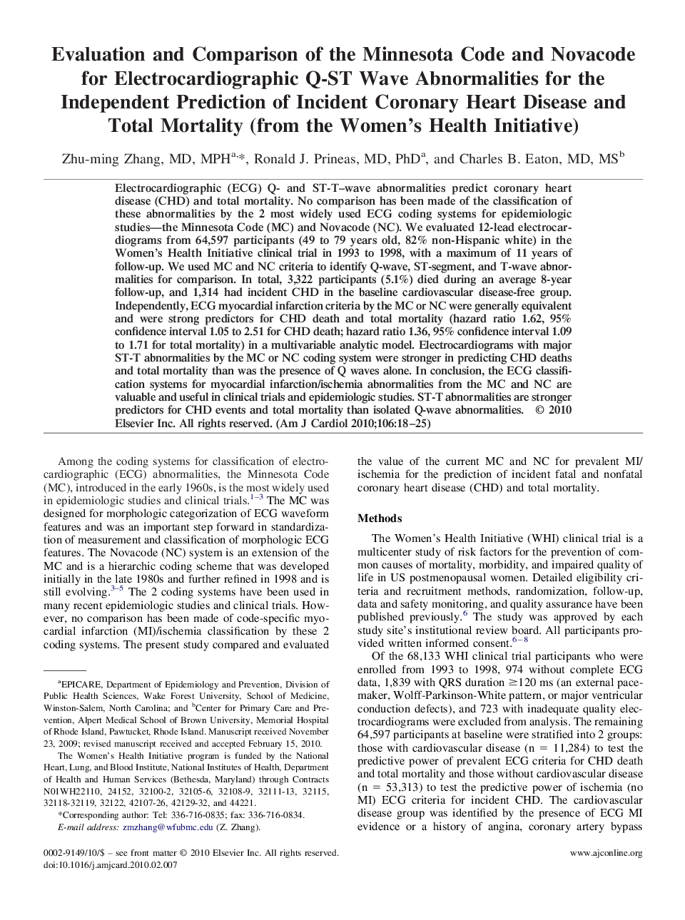 Evaluation and Comparison of the Minnesota Code and Novacode for Electrocardiographic Q-ST Wave Abnormalities for the Independent Prediction of Incident Coronary Heart Disease and Total Mortality (from the Women's Health Initiative)