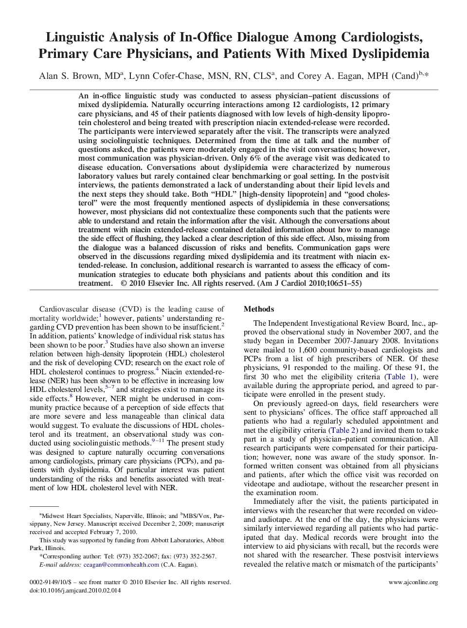 Linguistic Analysis of In-Office Dialogue Among Cardiologists, Primary Care Physicians, and Patients With Mixed Dyslipidemia