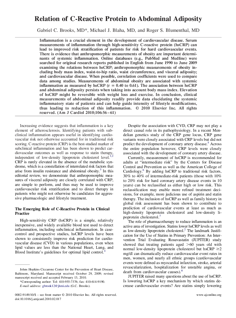 Relation of C-Reactive Protein to Abdominal Adiposity