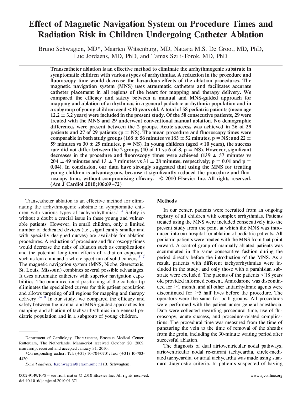 Effect of Magnetic Navigation System on Procedure Times and Radiation Risk in Children Undergoing Catheter Ablation