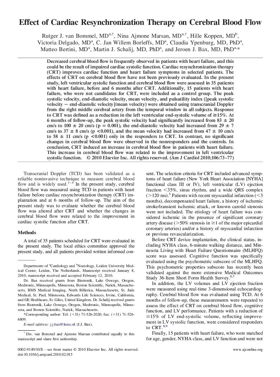 Effect of Cardiac Resynchronization Therapy on Cerebral Blood Flow 