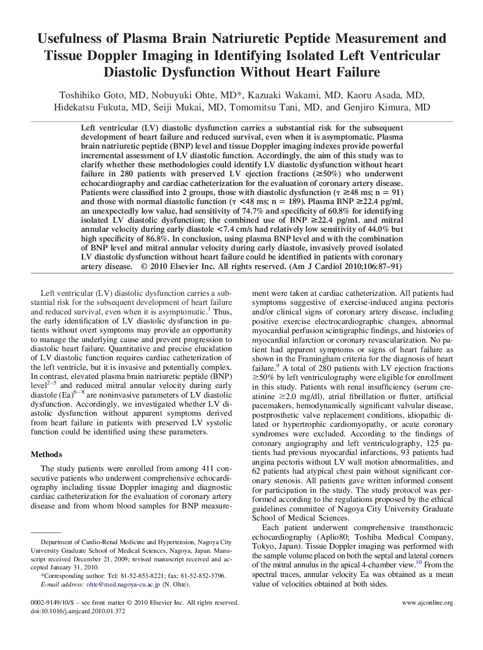 Usefulness of Plasma Brain Natriuretic Peptide Measurement and Tissue Doppler Imaging in Identifying Isolated Left Ventricular Diastolic Dysfunction Without Heart Failure