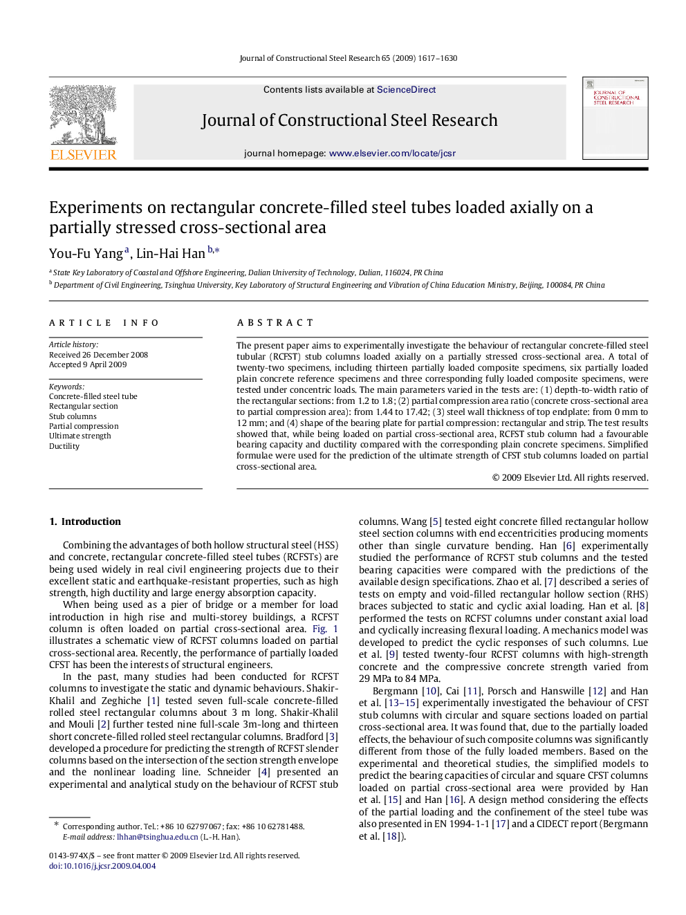 Experiments on rectangular concrete-filled steel tubes loaded axially on a partially stressed cross-sectional area