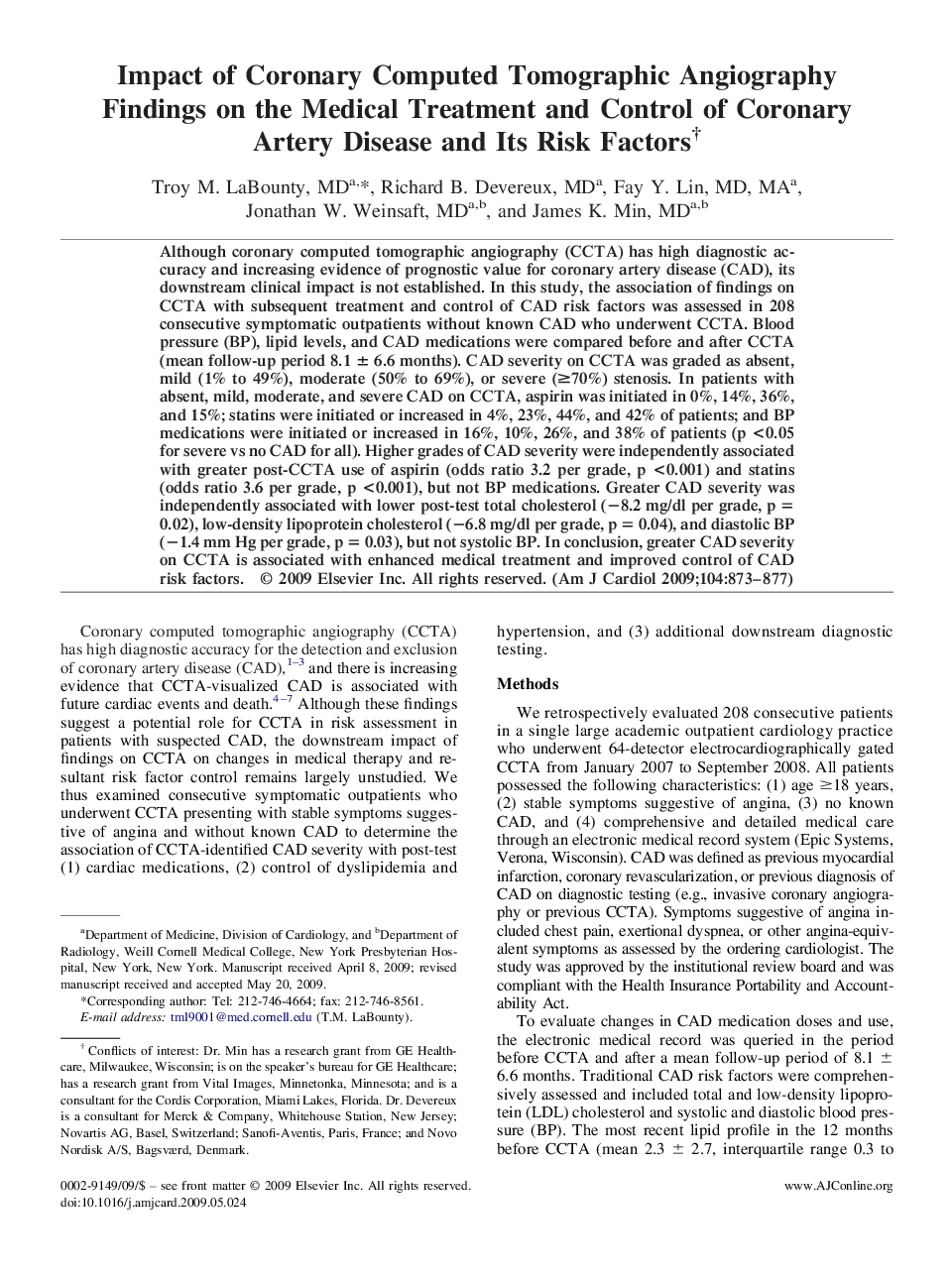 Impact of Coronary Computed Tomographic Angiography Findings on the Medical Treatment and Control of Coronary Artery Disease and Its Risk Factors†