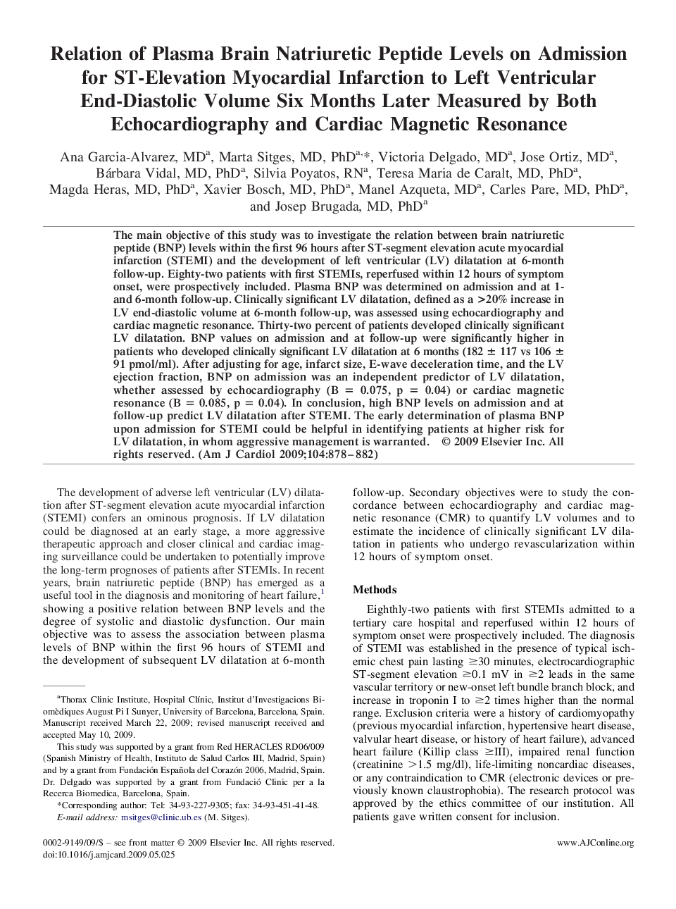 Relation of Plasma Brain Natriuretic Peptide Levels on Admission for ST-Elevation Myocardial Infarction to Left Ventricular End-Diastolic Volume Six Months Later Measured by Both Echocardiography and Cardiac Magnetic Resonance 
