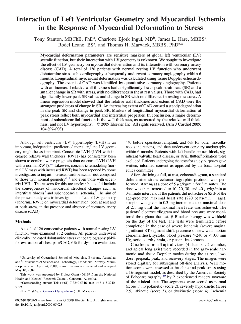 Interaction of Left Ventricular Geometry and Myocardial Ischemia in the Response of Myocardial Deformation to Stress 