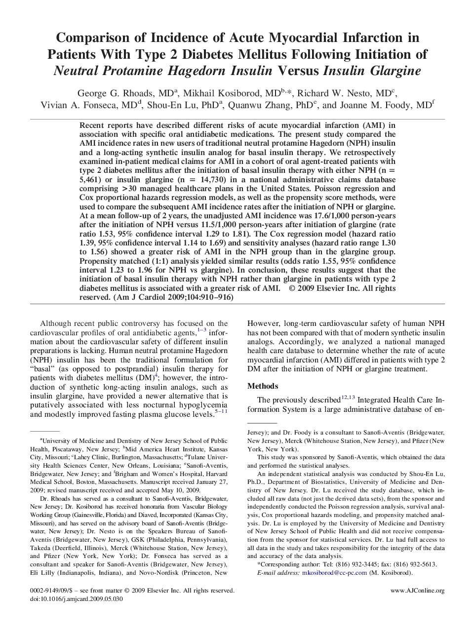 Comparison of Incidence of Acute Myocardial Infarction in Patients With Type 2 Diabetes Mellitus Following Initiation of Neutral Protamine Hagedorn Insulin Versus Insulin Glargine 