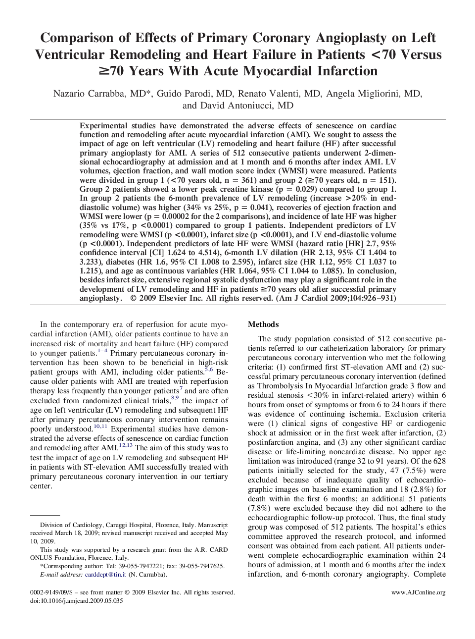 Comparison of Effects of Primary Coronary Angioplasty on Left Ventricular Remodeling and Heart Failure in Patients <70 Versus ≥70 Years With Acute Myocardial Infarction 