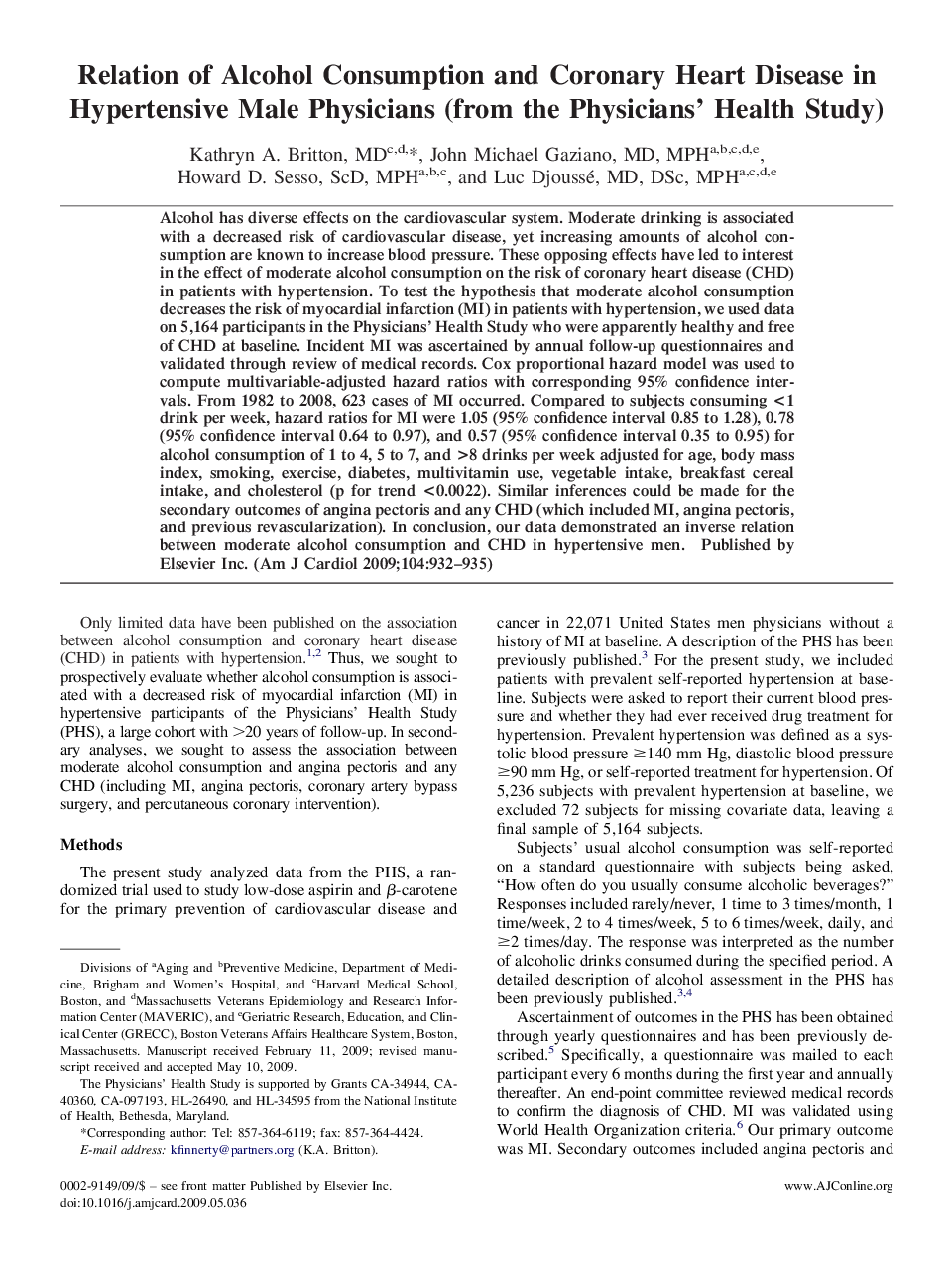 Relation of Alcohol Consumption and Coronary Heart Disease in Hypertensive Male Physicians (from the Physicians' Health Study) 