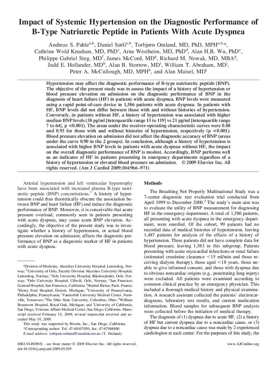 Impact of Systemic Hypertension on the Diagnostic Performance of B-Type Natriuretic Peptide in Patients With Acute Dyspnea