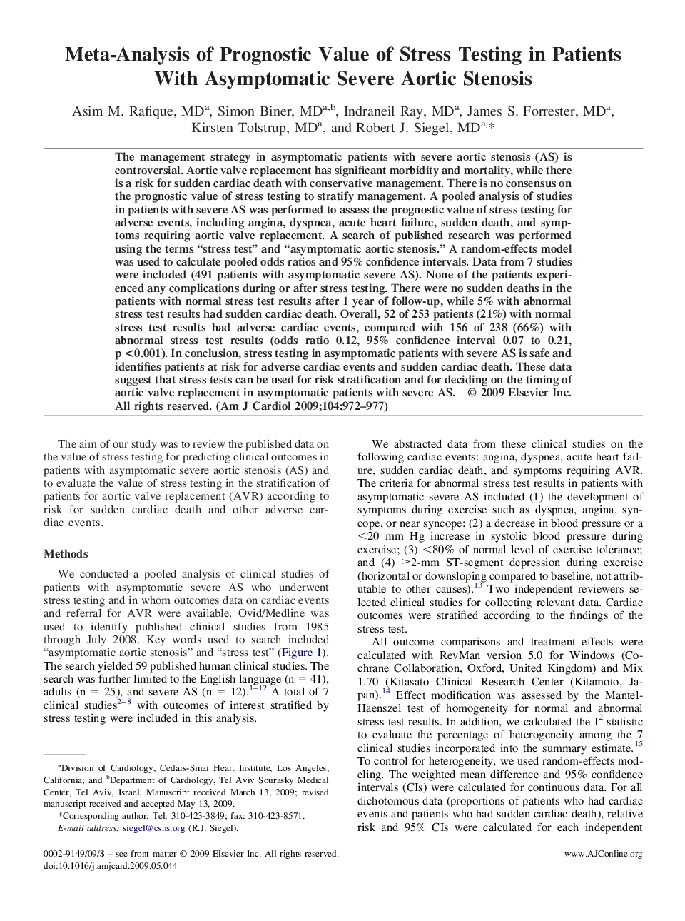 Meta-Analysis of Prognostic Value of Stress Testing in Patients With Asymptomatic Severe Aortic Stenosis