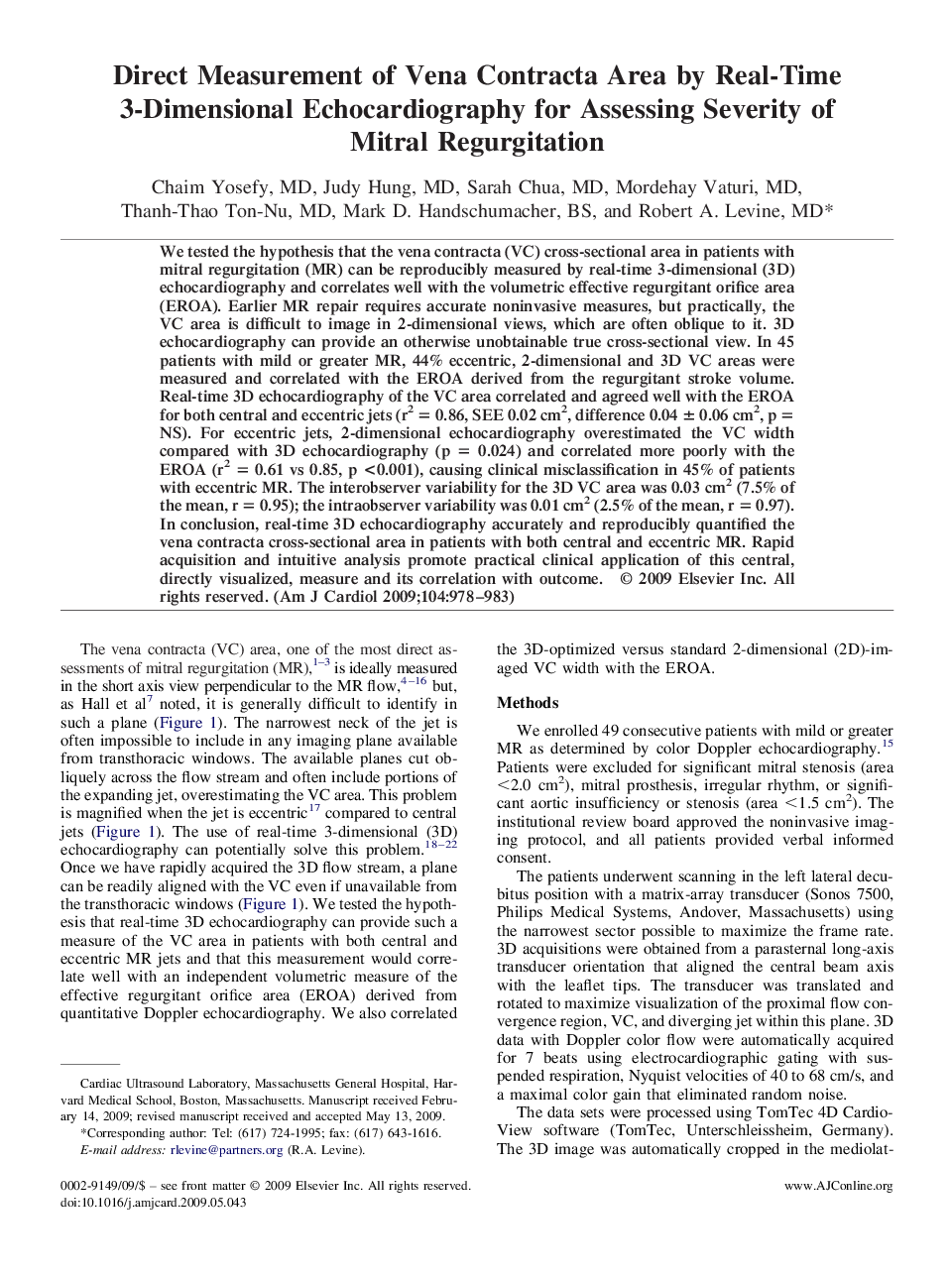 Direct Measurement of Vena Contracta Area by Real-Time 3-Dimensional Echocardiography for Assessing Severity of Mitral Regurgitation