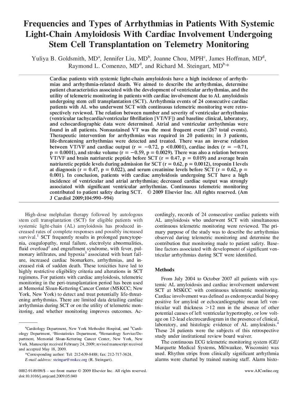 Frequencies and Types of Arrhythmias in Patients With Systemic Light-Chain Amyloidosis With Cardiac Involvement Undergoing Stem Cell Transplantation on Telemetry Monitoring