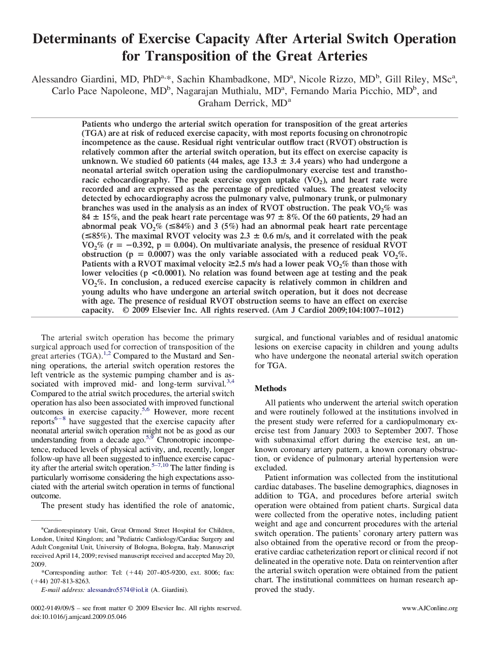 Determinants of Exercise Capacity After Arterial Switch Operation for Transposition of the Great Arteries