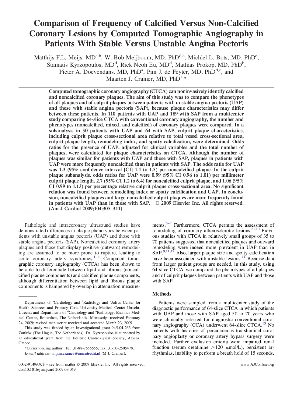 عکس صفحه اول مقاله: Comparison of Frequency of Calcified Versus Non-Calcified Coronary Lesions by Computed Tomographic Angiography in Patients With Stable Versus Unstable Angina Pectoris Comparison of Frequency of Calcified Versus Non-Calcified Coronary Lesions by Computed Tomographic Angiography in Patients With Stable Versus Unstable Angina Pectoris