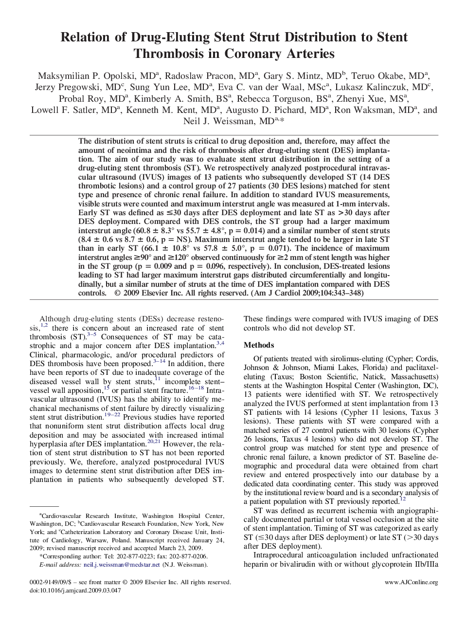 Relation of Drug-Eluting Stent Strut Distribution to Stent Thrombosis in Coronary Arteries