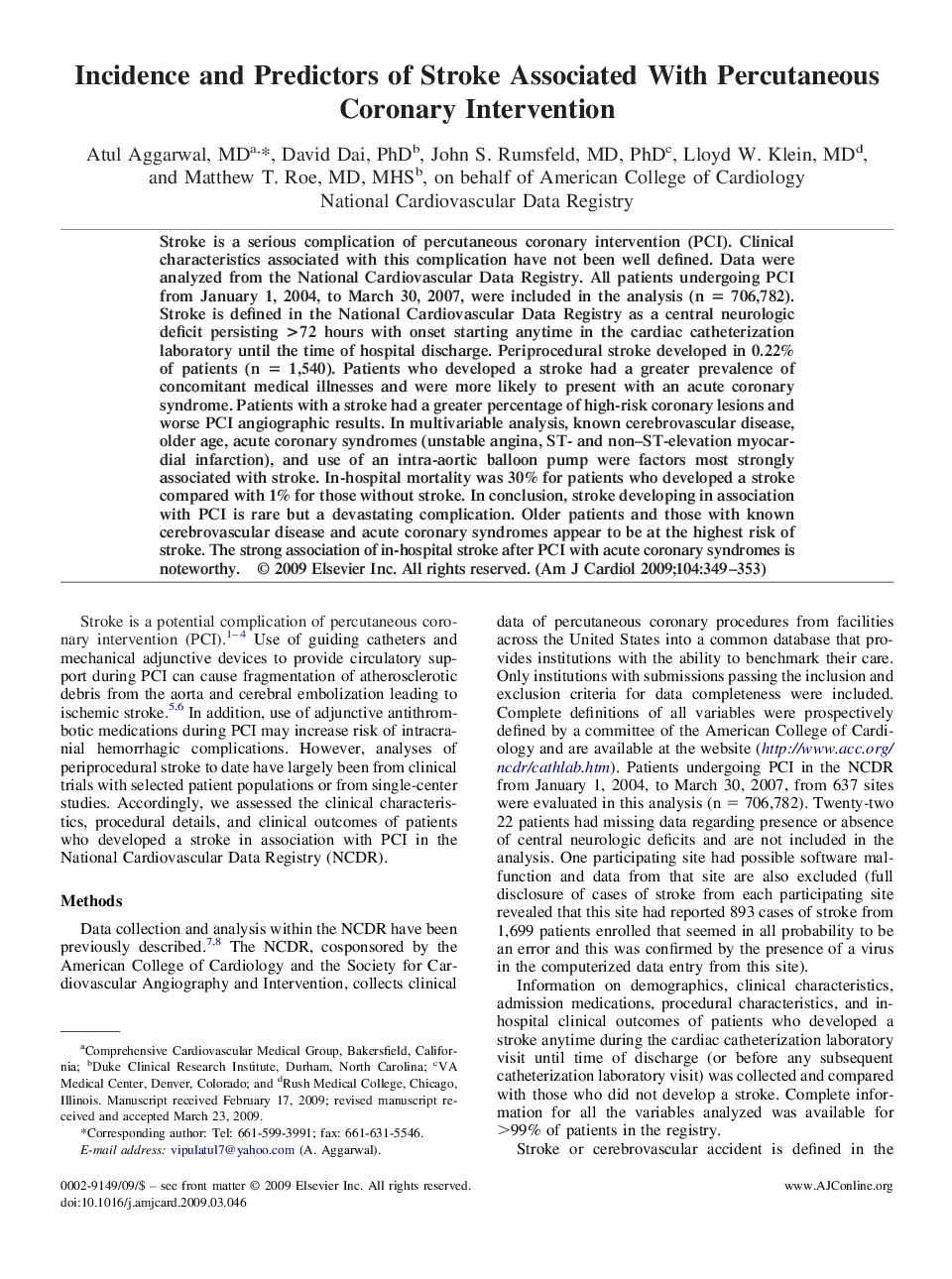Incidence and Predictors of Stroke Associated With Percutaneous Coronary Intervention