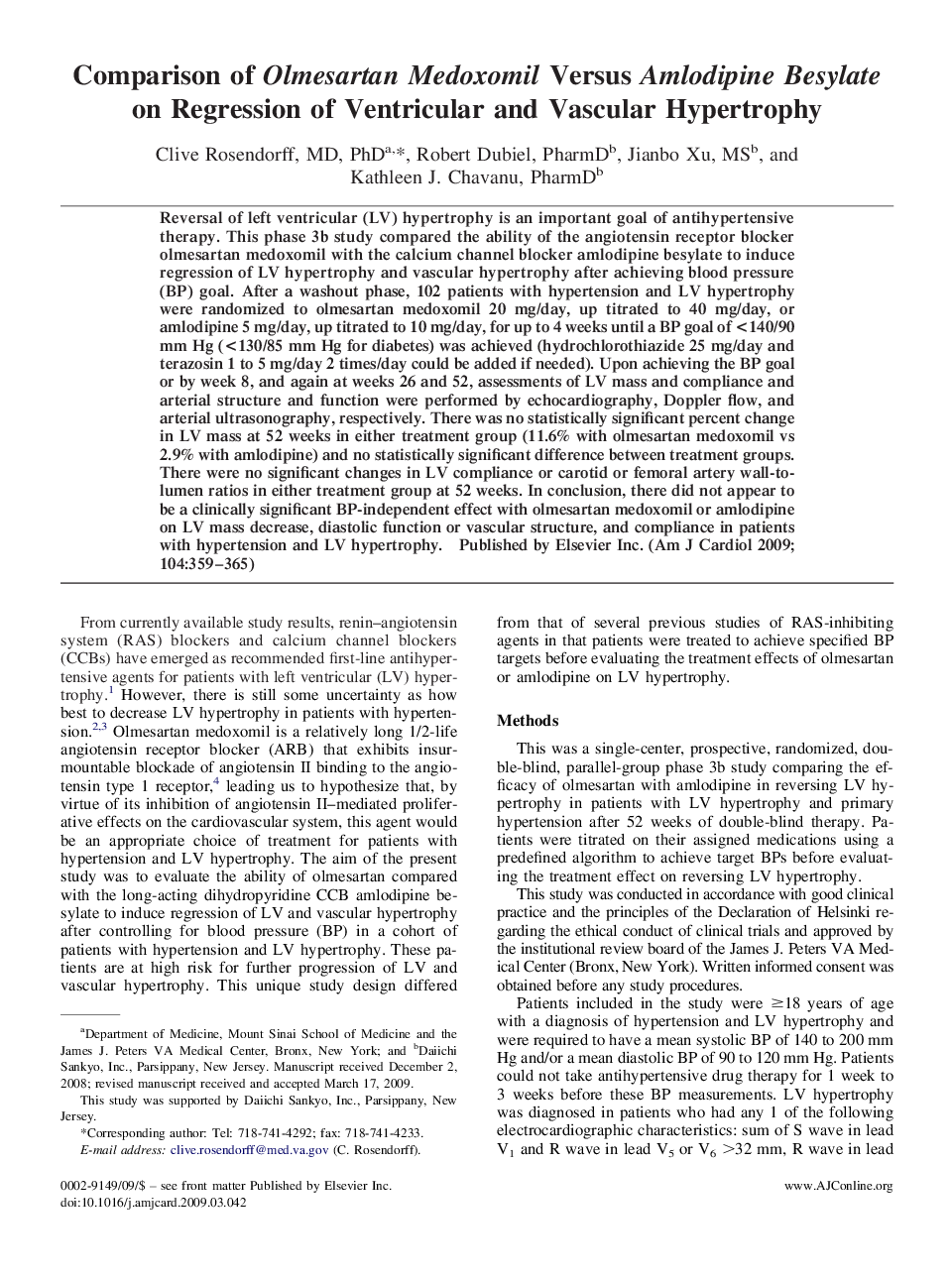 Comparison of Olmesartan Medoxomil Versus Amlodipine Besylate on Regression of Ventricular and Vascular Hypertrophy