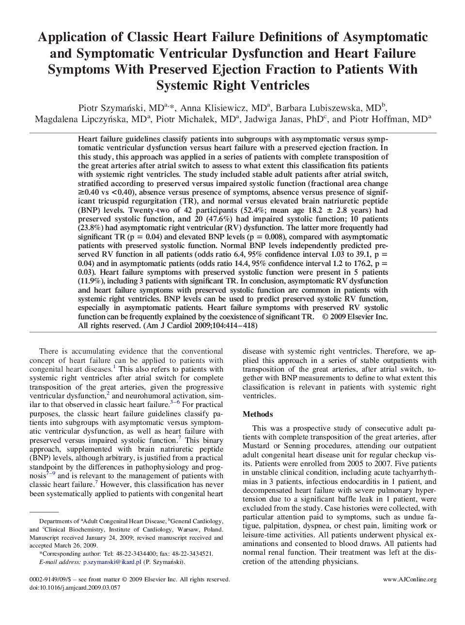 Application of Classic Heart Failure Definitions of Asymptomatic and Symptomatic Ventricular Dysfunction and Heart Failure Symptoms With Preserved Ejection Fraction to Patients With Systemic Right Ventricles