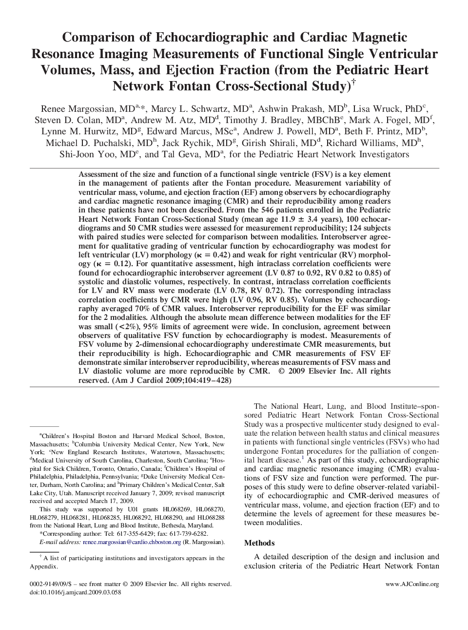 Comparison of Echocardiographic and Cardiac Magnetic Resonance Imaging Measurements of Functional Single Ventricular Volumes, Mass, and Ejection Fraction (from the Pediatric Heart Network Fontan Cross-Sectional Study)† 