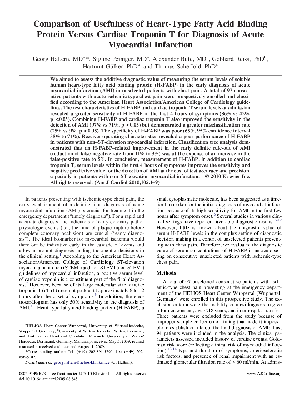 Comparison of Usefulness of Heart-Type Fatty Acid Binding Protein Versus Cardiac Troponin T for Diagnosis of Acute Myocardial Infarction