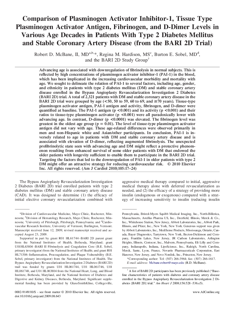 Comparison of Plasminogen Activator Inhibitor-1, Tissue Type Plasminogen Activator Antigen, Fibrinogen, and D-Dimer Levels in Various Age Decades in Patients With Type 2 Diabetes Mellitus and Stable Coronary Artery Disease (from the BARI 2D Trial) 
