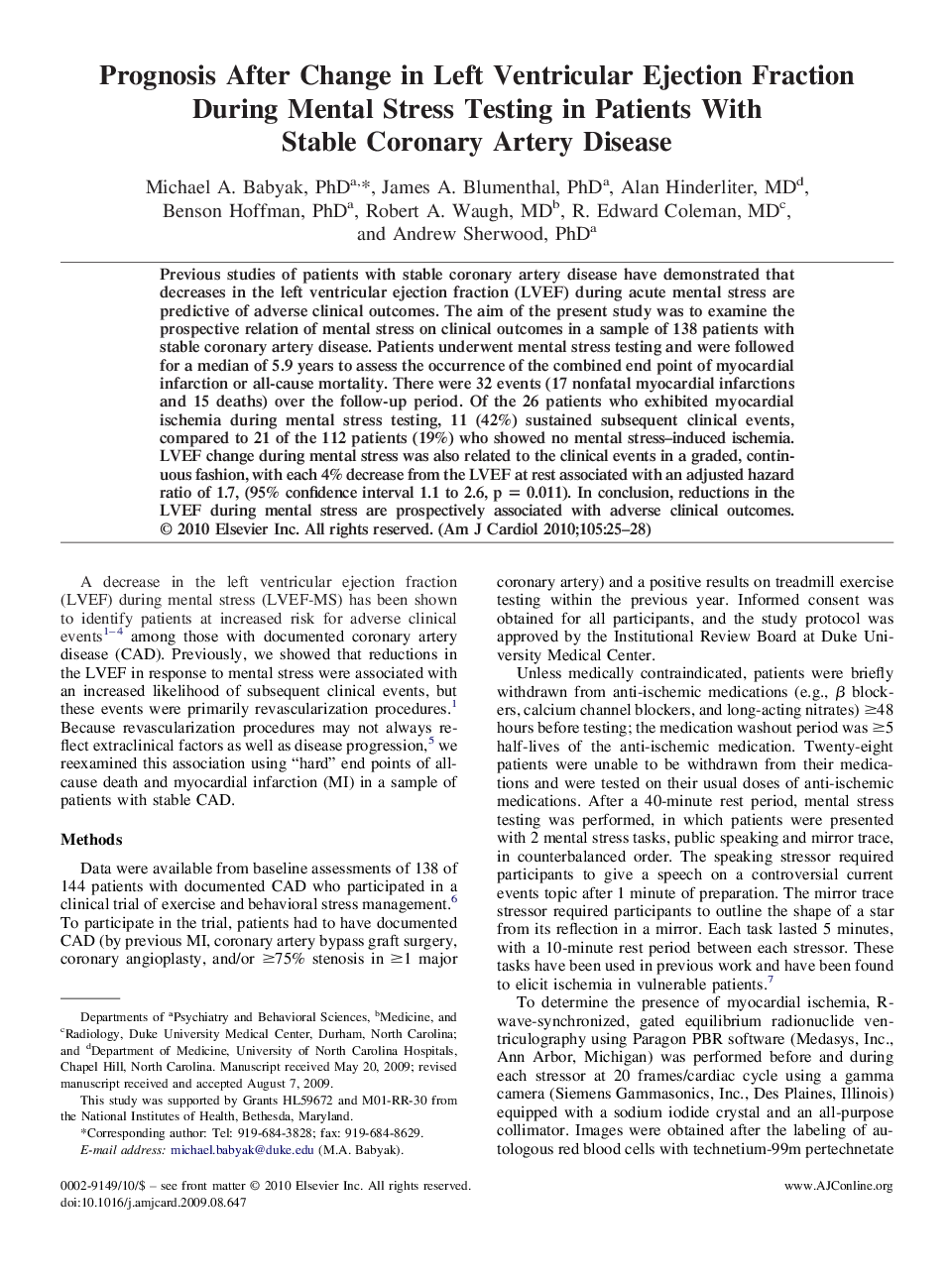 Prognosis After Change in Left Ventricular Ejection Fraction During Mental Stress Testing in Patients With Stable Coronary Artery Disease 