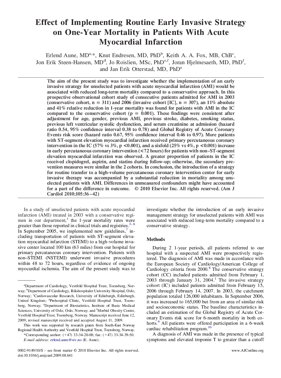 Effect of Implementing Routine Early Invasive Strategy on One-Year Mortality in Patients With Acute Myocardial Infarction 