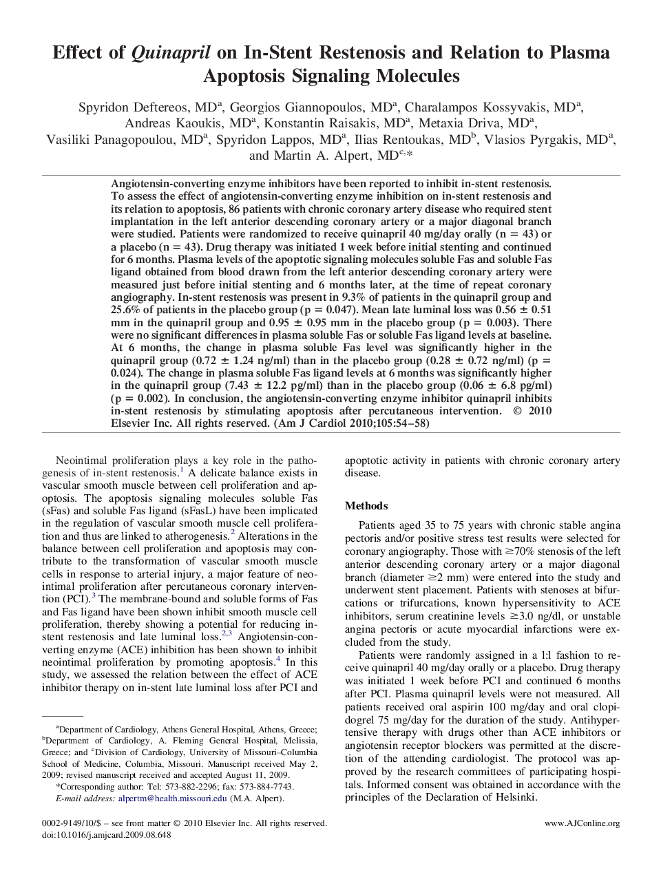 Effect of Quinapril on In-Stent Restenosis and Relation to Plasma Apoptosis Signaling Molecules