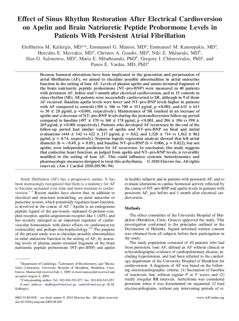 Effect of Sinus Rhythm Restoration After Electrical Cardioversion on Apelin and Brain Natriuretic Peptide Prohormone Levels in Patients With Persistent Atrial Fibrillation