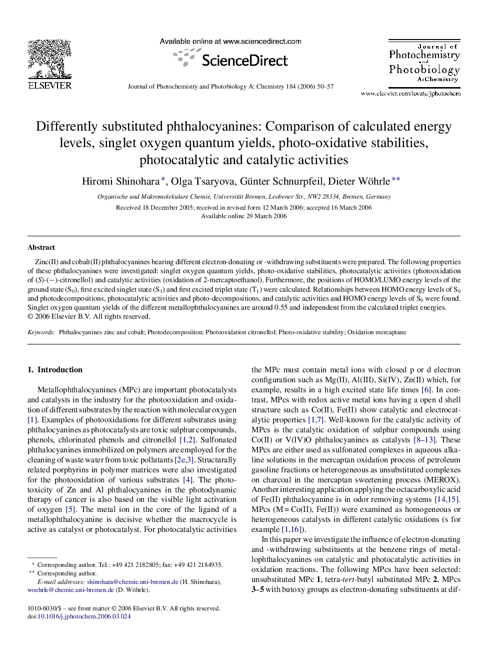 Differently substituted phthalocyanines: Comparison of calculated energy levels, singlet oxygen quantum yields, photo-oxidative stabilities, photocatalytic and catalytic activities