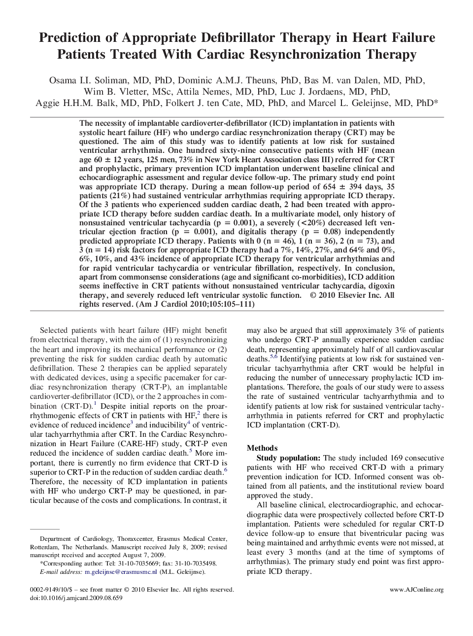 عکس صفحه اول مقاله: Prediction of Appropriate Defibrillator Therapy in Heart Failure Patients Treated With Cardiac Resynchronization Therapy Prediction of Appropriate Defibrillator Therapy in Heart Failure Patients Treated With Cardiac Resynchronization Therapy