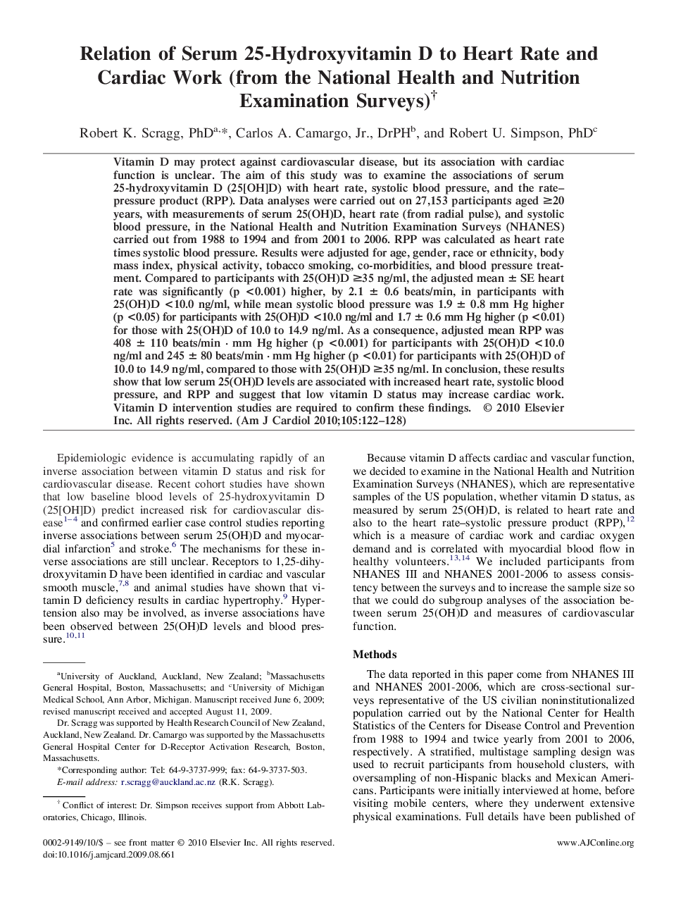 عکس صفحه اول مقاله: Relation of Serum 25-Hydroxyvitamin D to Heart Rate and Cardiac Work (from the National Health and Nutrition Examination Surveys)† Relation of Serum 25-Hydroxyvitamin D to Heart Rate and Cardiac Work (from the National Health and Nutrition Examination Surveys)†
