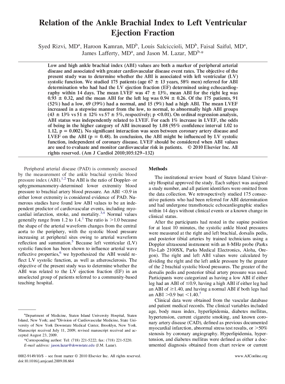 Relation of the Ankle Brachial Index to Left Ventricular Ejection Fraction