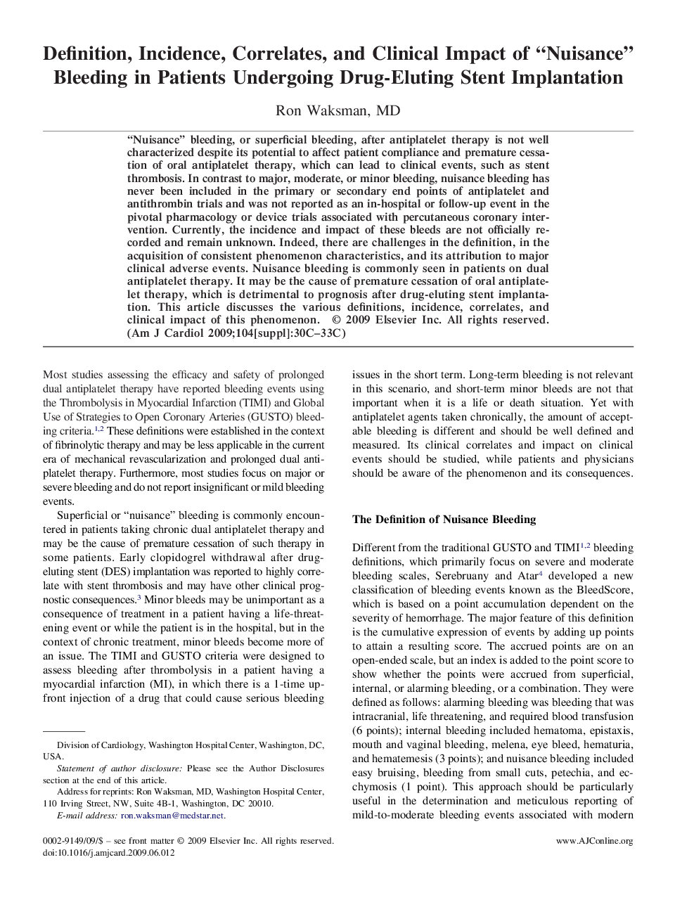 Definition, Incidence, Correlates, and Clinical Impact of “Nuisance” Bleeding in Patients Undergoing Drug-Eluting Stent Implantation 