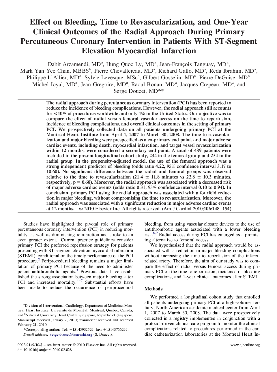 عکس صفحه اول مقاله: Effect on Bleeding, Time to Revascularization, and One-Year Clinical Outcomes of the Radial Approach During Primary Percutaneous Coronary Intervention in Patients With ST-Segment Elevation Myocardial Infarction Effect on Bleeding, Time to Revascularization, and One-Year Clinical Outcomes of the Radial Approach During Primary Percutaneous Coronary Intervention in Patients With ST-Segment Elevation Myocardial Infarction