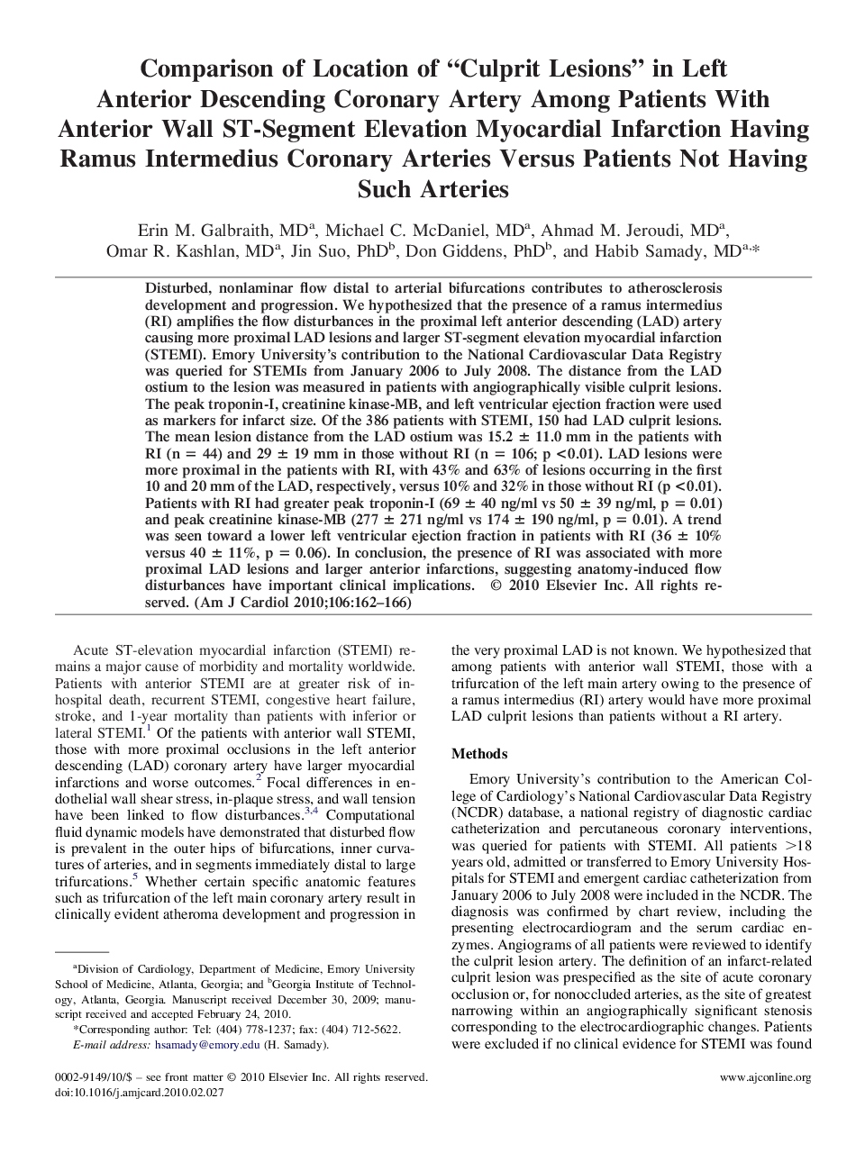 Comparison of Location of “Culprit Lesions” in Left Anterior Descending Coronary Artery Among Patients With Anterior Wall ST-Segment Elevation Myocardial Infarction Having Ramus Intermedius Coronary Arteries Versus Patients Not Having Such Arteries
