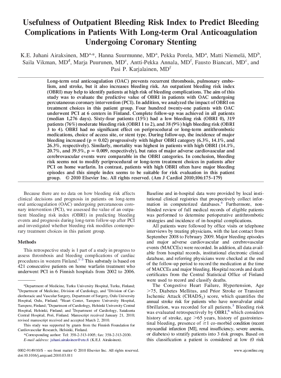 Usefulness of Outpatient Bleeding Risk Index to Predict Bleeding Complications in Patients With Long-term Oral Anticoagulation Undergoing Coronary Stenting 