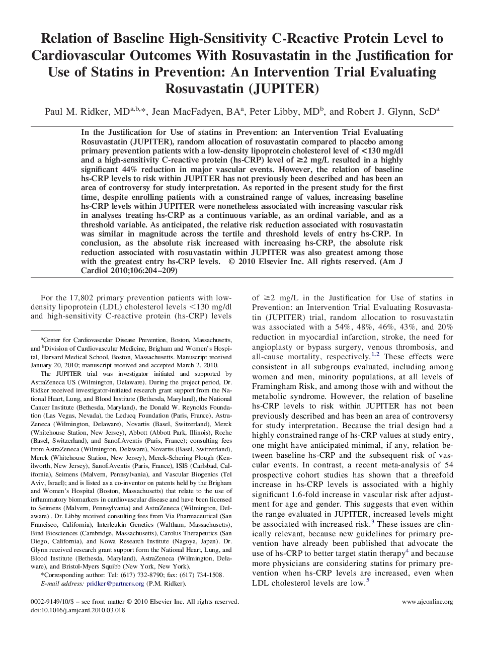 عکس صفحه اول مقاله: Relation of Baseline High-Sensitivity C-Reactive Protein Level to Cardiovascular Outcomes With Rosuvastatin in the Justification for Use of Statins in Prevention: An Intervention Trial Evaluating Rosuvastatin (JUPITER) Relation of Baseline High-Sensitivity C-Reactive Protein Level to Cardiovascular Outcomes With Rosuvastatin in the Justification for Use of Statins in Prevention: An Intervention Trial Evaluating Rosuvastatin (JUPITER)