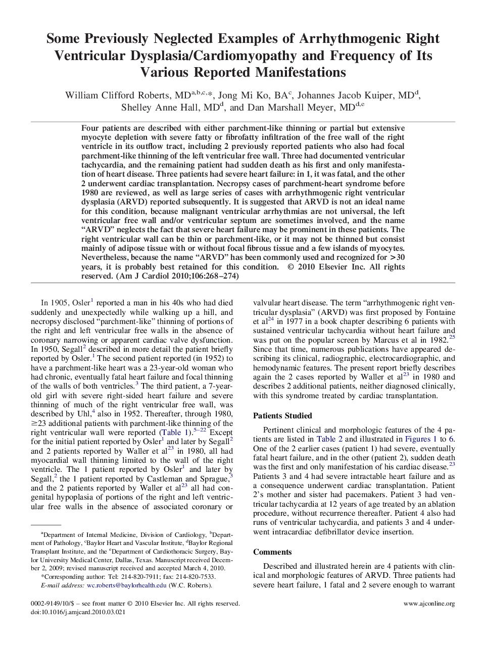 Some Previously Neglected Examples of Arrhythmogenic Right Ventricular Dysplasia/Cardiomyopathy and Frequency of Its Various Reported Manifestations