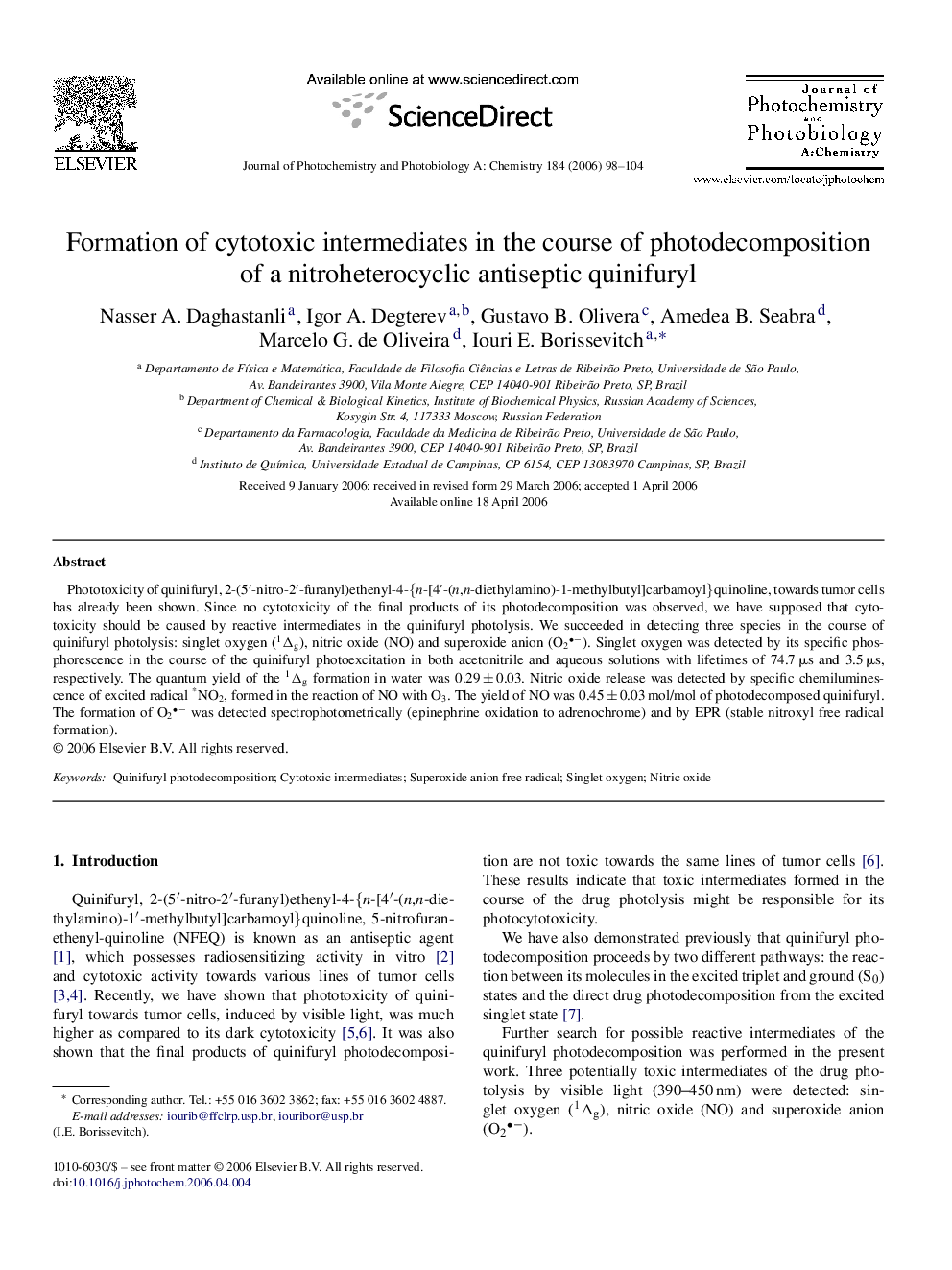 Formation of cytotoxic intermediates in the course of photodecomposition of a nitroheterocyclic antiseptic quinifuryl